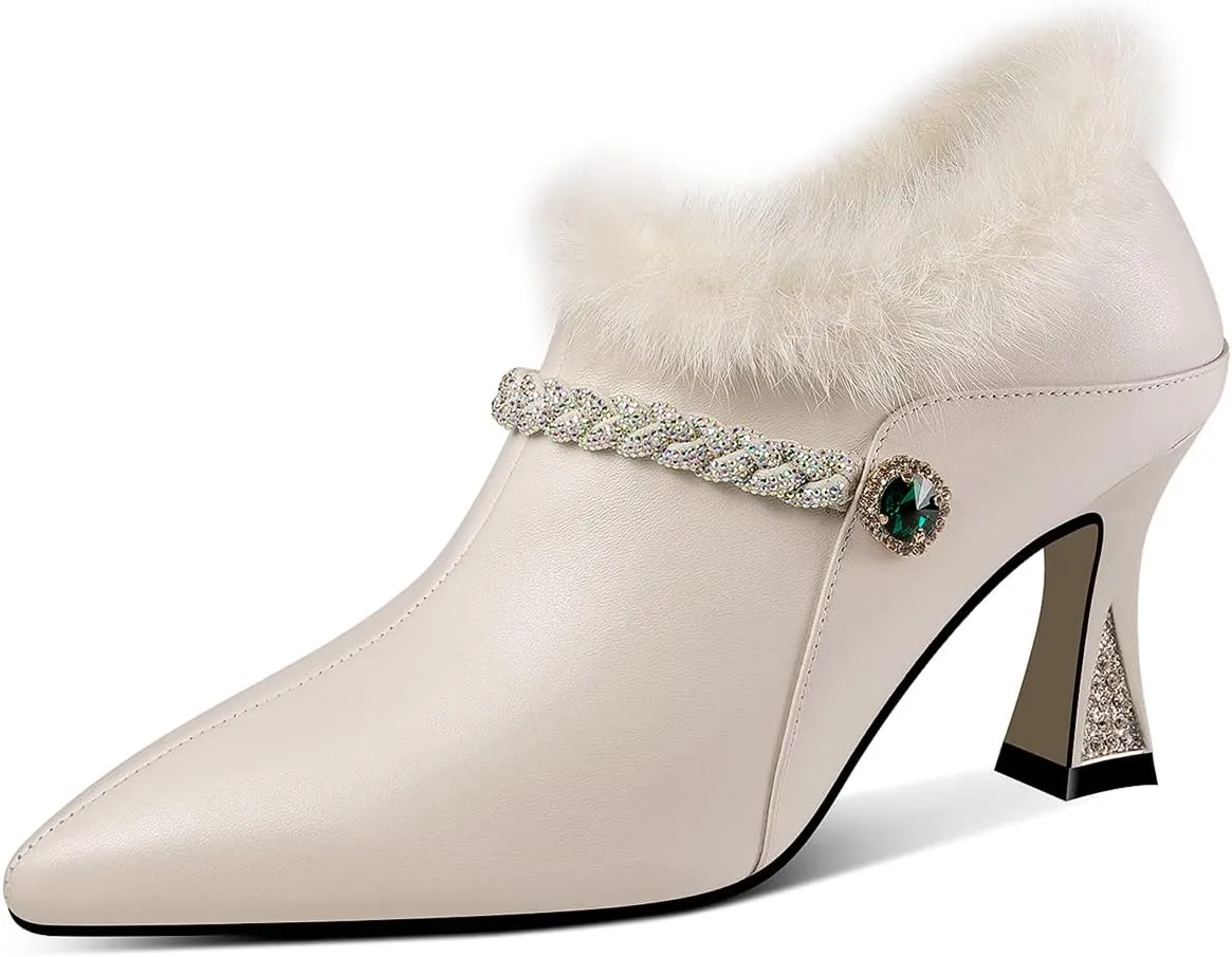 TinaCus Women's Handmade Genuine Leather and Fur Side Zip Up High Heel Pointed Toe Oxford Pumps with Green Crystal Decor