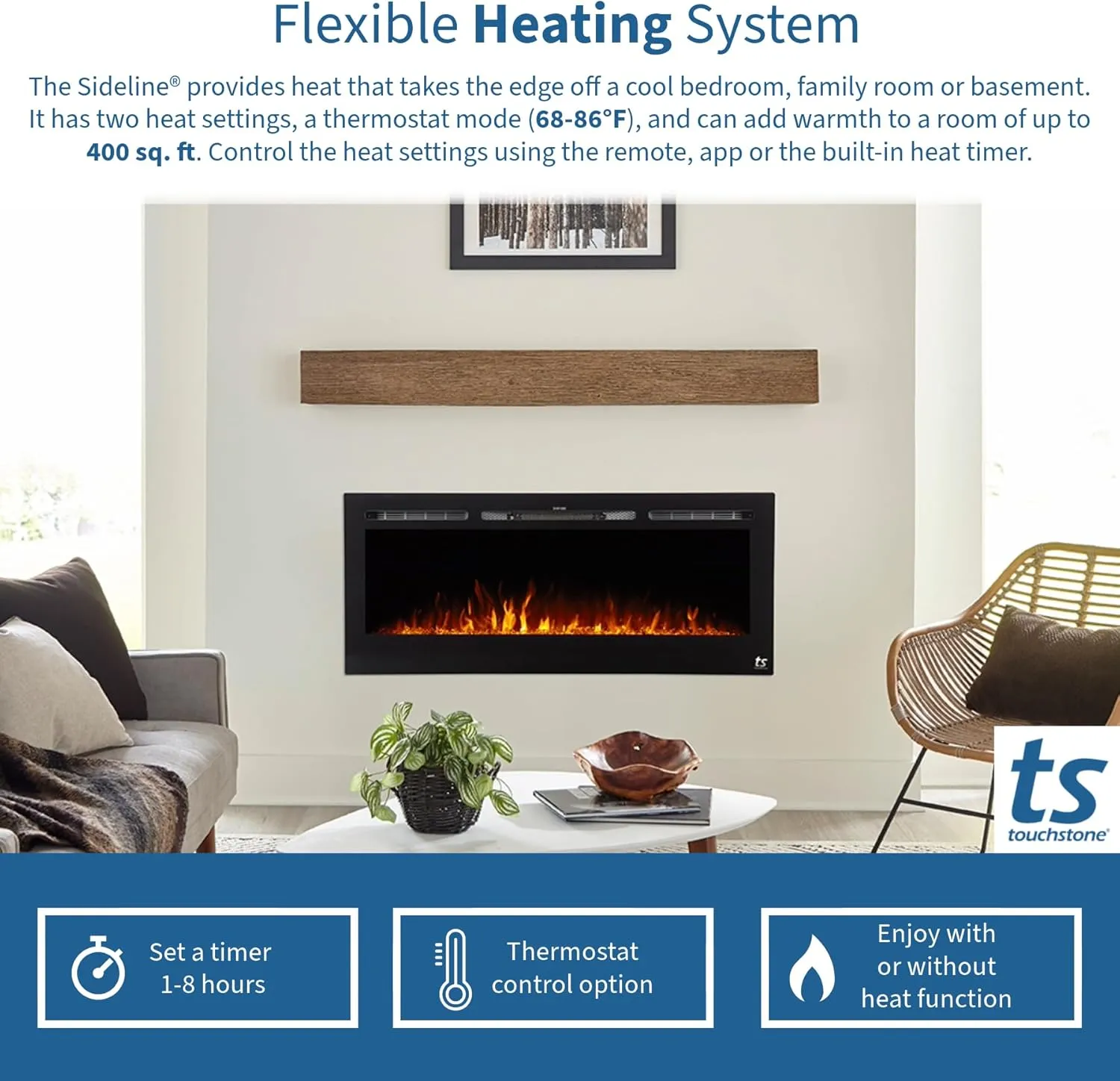 Touchstone Smart Electric Fireplace-The Sideline 50" Wide-in Wall Recessed - 30 Realistic Ember Color/Flame Options - 1,500W Heater w/Thermostat - Log & Crystal Hearth Options - Alexa/WiFi Enabled