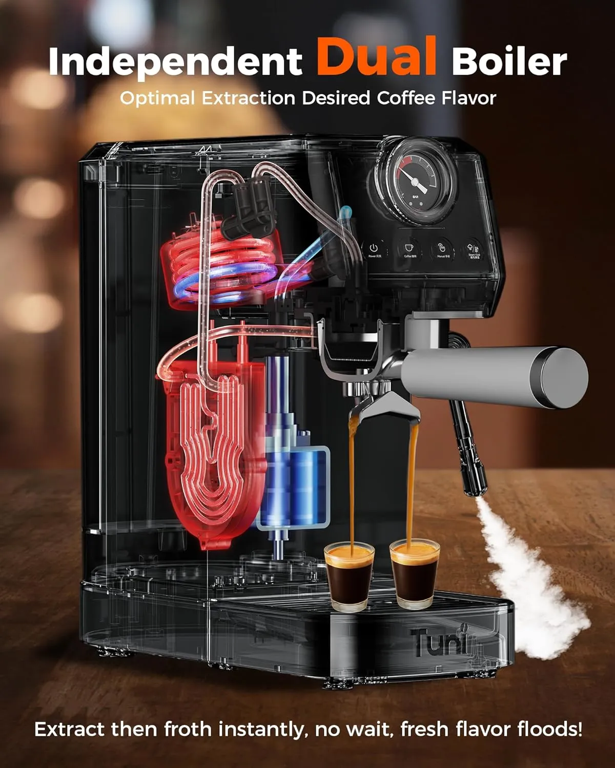 Tuni E2 58mm Espresso Machine with Bottomless Portalfilter Combo Set, 58mm Bottomless Portalfilter, Dual Boiler System