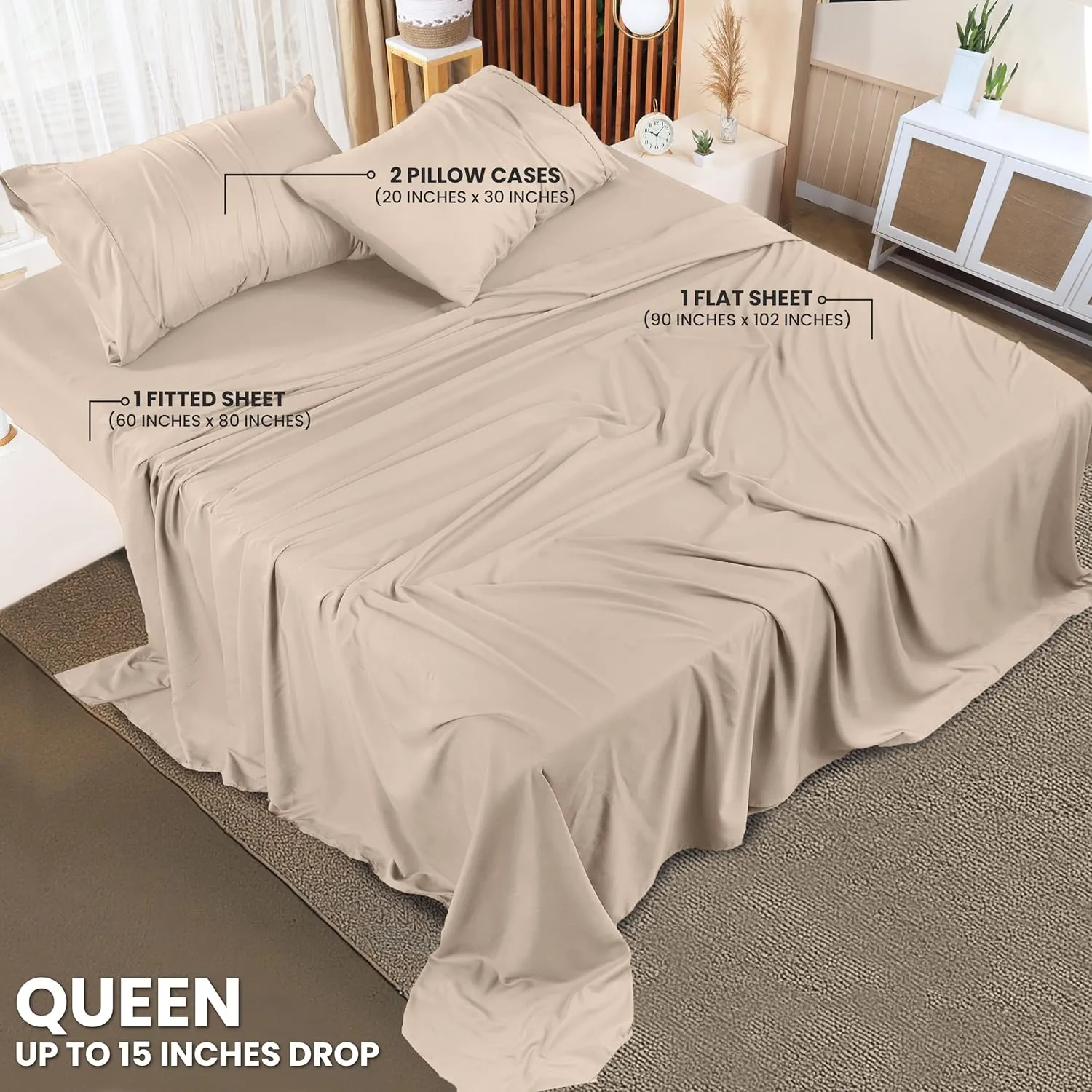 Utopia Bedding Queen Sheet Set – 4 Piece Bed Sheets for Queen Size Bed, Soft and Breathable Microfiber, Includes 1 Fitted Sheet, 1 Flat Sheet and 2 Pillowcases (Beige)