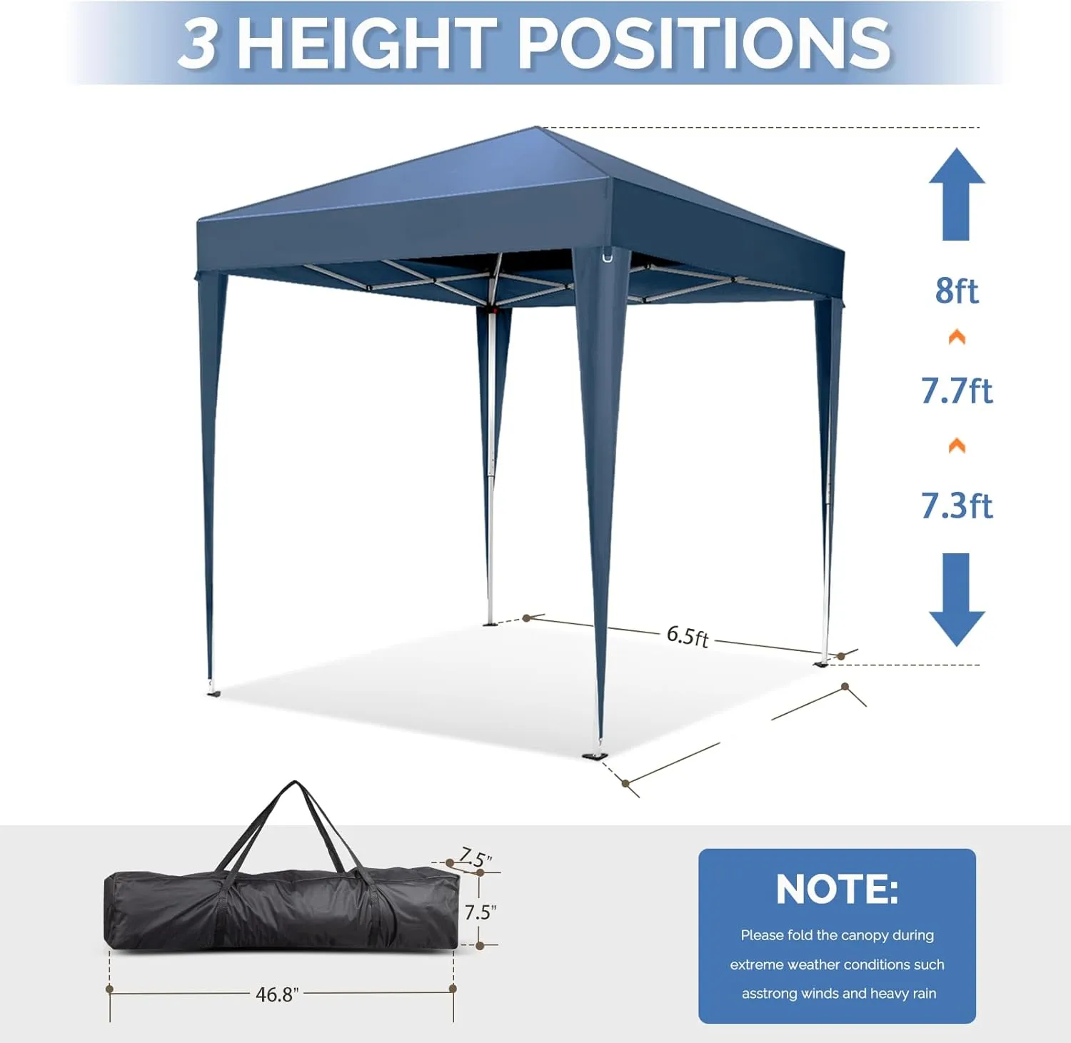 VINGLI 6.5x6.5 Pop Up Canopy Tent, Outdoor Tent Canopies Foldable Portable Canopies for Camping, Patio, Parties, EZ Up Gazebo Canopy with Carry Bag (Blue)
