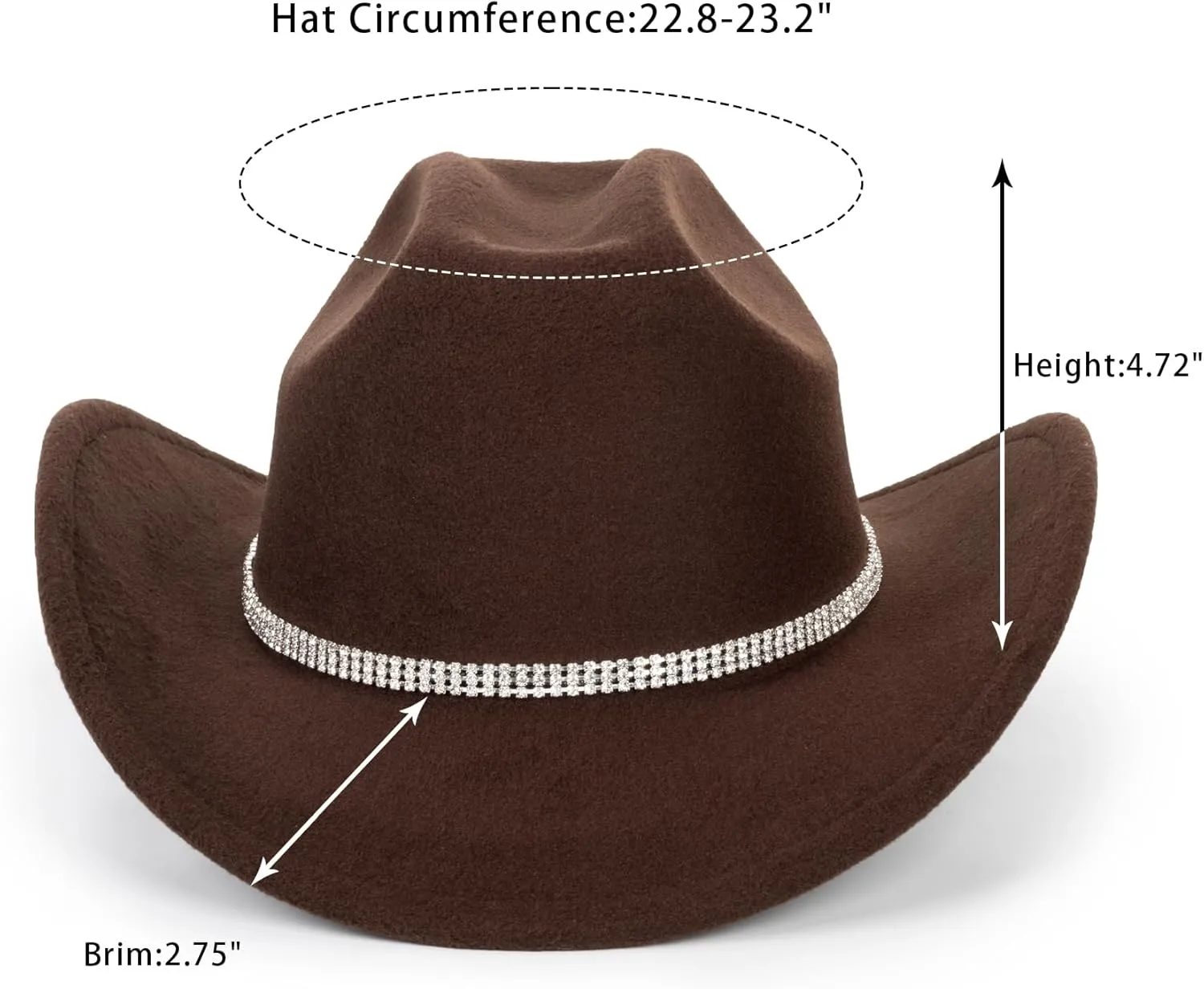 Vintage Western Cowboy Hat for Men Women - Wide Brim Cowgirl Fedora Bling Hats with Diamonds M
