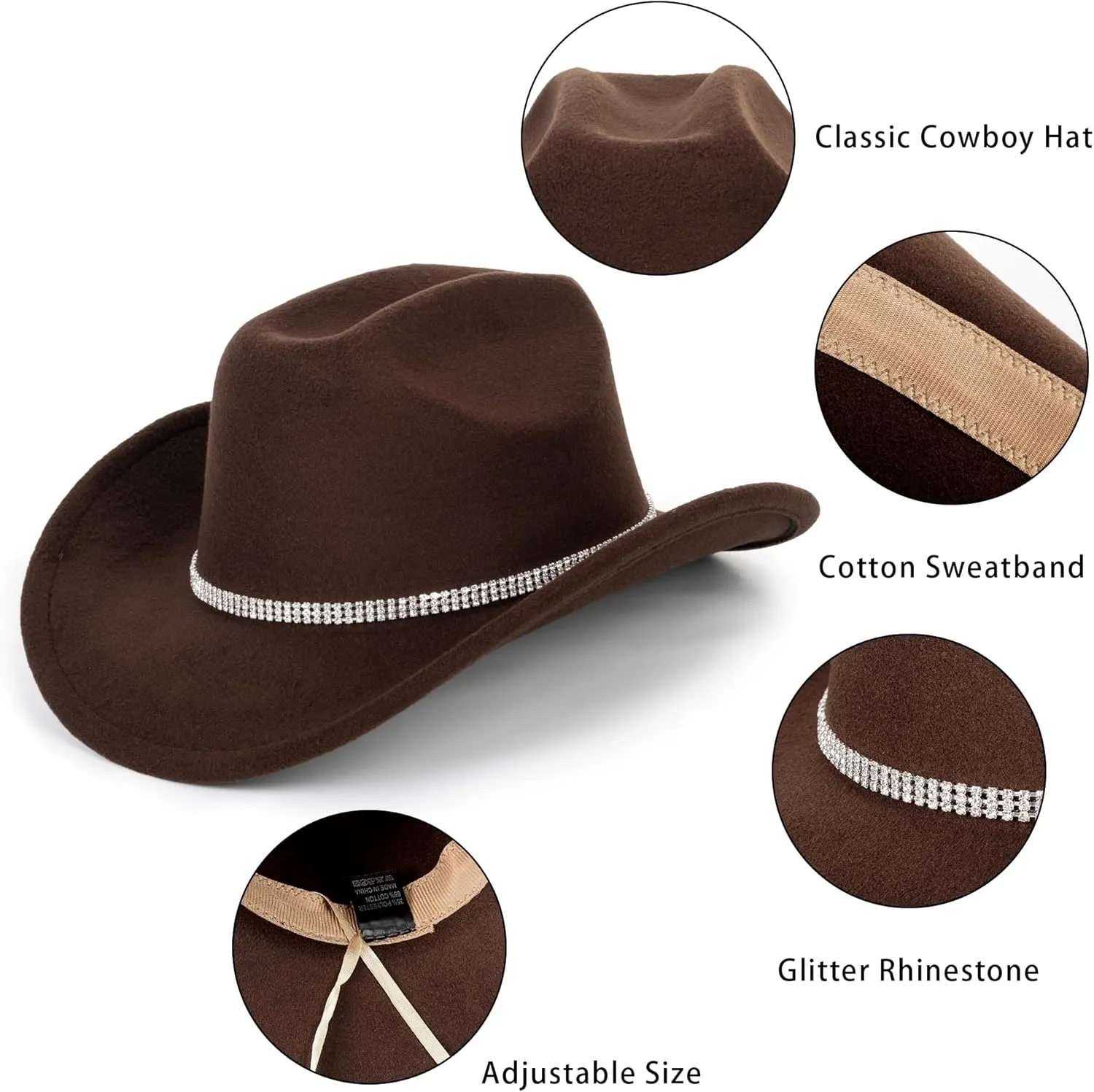Vintage Western Cowboy Hat for Men Women - Wide Brim Cowgirl Fedora Bling Hats with Diamonds M