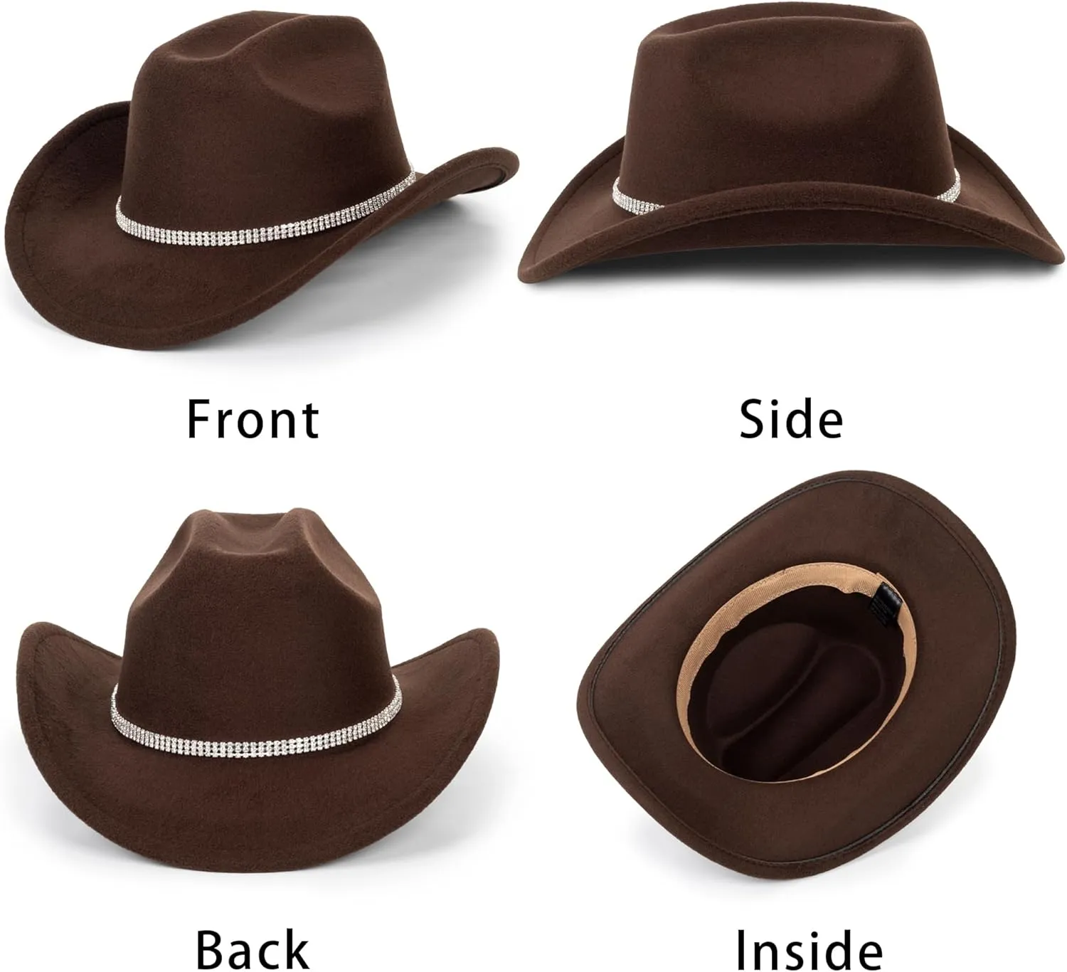 Vintage Western Cowboy Hat for Men Women - Wide Brim Cowgirl Fedora Bling Hats with Diamonds M