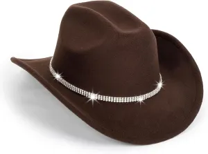 Vintage Western Cowboy Hat for Men Women - Wide Brim Cowgirl Fedora Bling Hats with Diamonds M