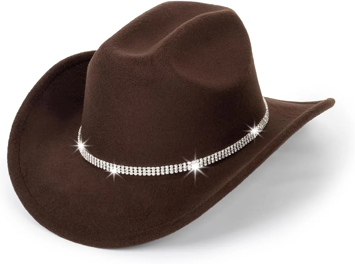 Vintage Western Cowboy Hat for Men Women - Wide Brim Cowgirl Fedora Bling Hats with Diamonds M