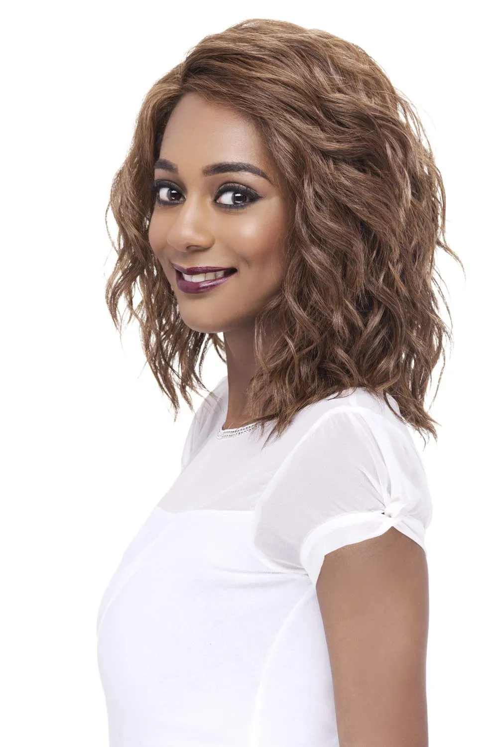 Vivica A. Fox FINN, Futura Synthetic Heat Resistant Fiber, HD Deep Lace Front, Natural Baby Hair, Layered Body Wave and Side Bang w/Invisible Side Part, Full Lace Front Wig (99J Red Burgundy Wine)