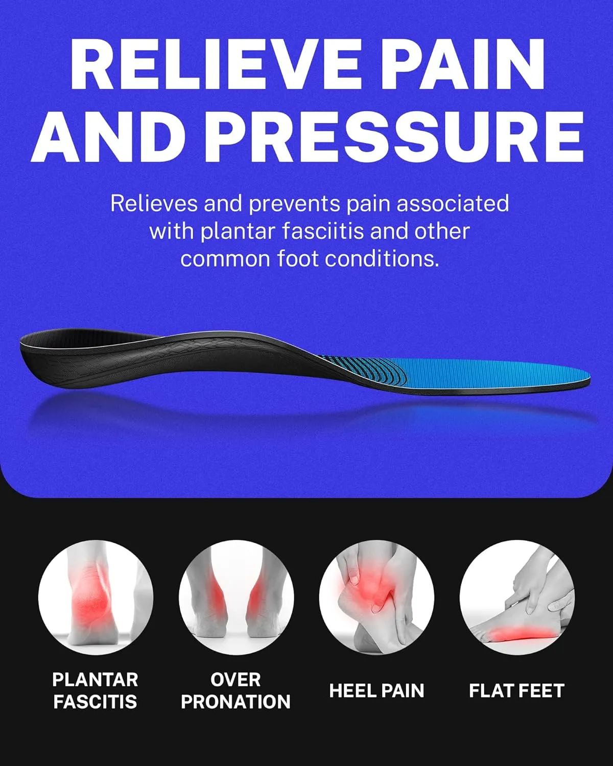Walkhero Plantar Fasciitis Pain Relief Insoles High Arch Support Orthotic Shoes Inserts, Relieve Flat Feet and Foot Fatigue (Mens 11-11 1/2 | Womens 13-13 1/2, Blue)