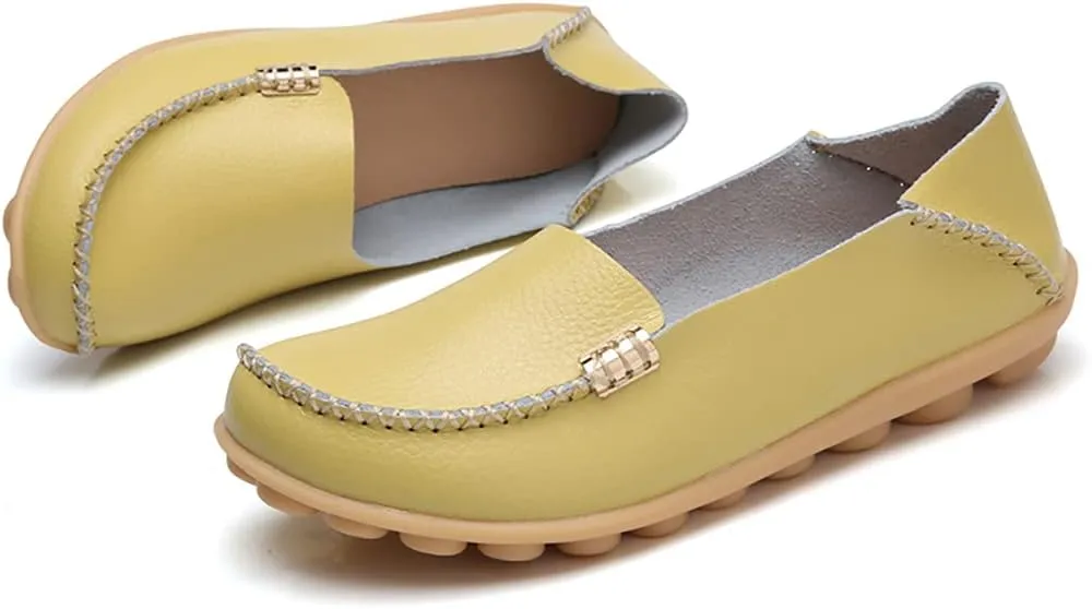 WERWAES Women's Comfortable Leather Slippers Flat Slippers Casual Round Toe Moccasin Shoes Wild Walking Nurse Breathable Driving Fashion Soft Shoes