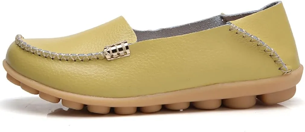 WERWAES Women's Comfortable Leather Slippers Flat Slippers Casual Round Toe Moccasin Shoes Wild Walking Nurse Breathable Driving Fashion Soft Shoes
