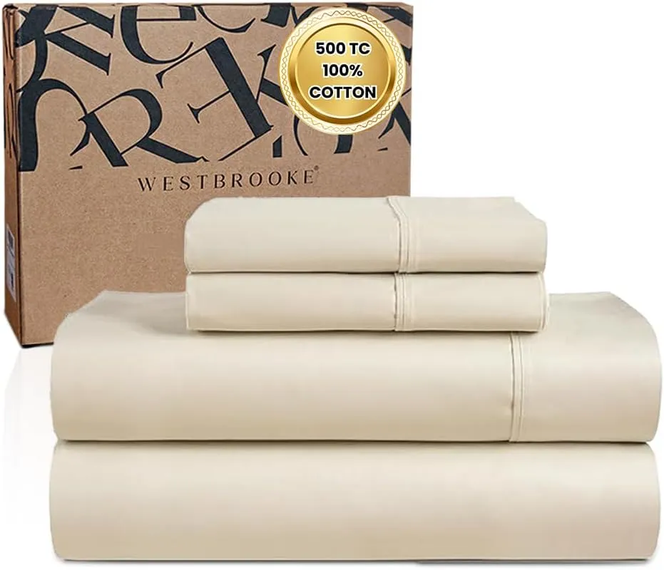 WESTBROOKE Lush Sateen 100% Cotton Sheet Set | King Size Sateen Sheets - 4 Piece Long Staple Cotton Bedding Set with Elasticized 15.5" Deep Pocket - Soft, Breathable Luxury Sheets - Ivory