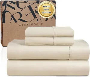 WESTBROOKE Lush Sateen 100% Cotton Sheet Set | King Size Sateen Sheets - 4 Piece Long Staple Cotton Bedding Set with Elasticized 15.5" Deep Pocket - Soft, Breathable Luxury Sheets - Ivory