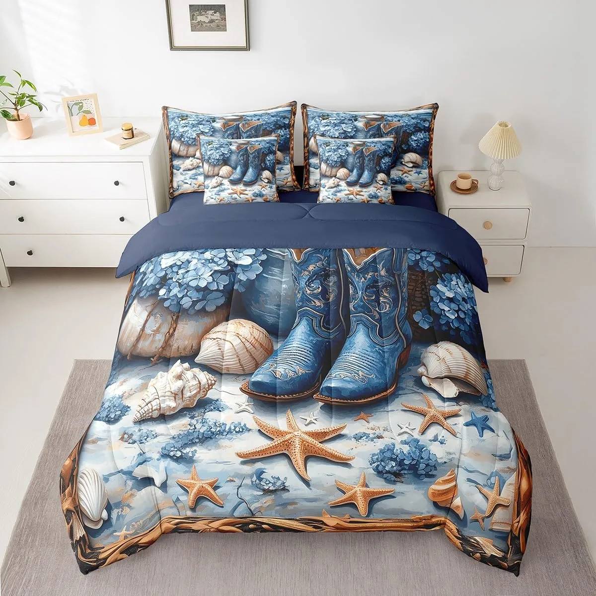 Western Cowboy 7 Pieces Bedding Set Twin,Blue Tribal Boots Flowers Beach Starfish Shell Conch Bed in a Bag for Kids,Rustic Farmhouse Wooden Plank Comforter Set with Sheets,Pillow Covers
