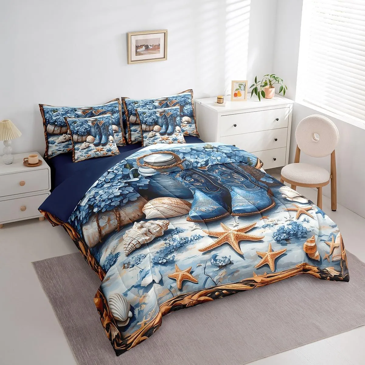 Western Cowboy 7 Pieces Bedding Set Twin,Blue Tribal Boots Flowers Beach Starfish Shell Conch Bed in a Bag for Kids,Rustic Farmhouse Wooden Plank Comforter Set with Sheets,Pillow Covers