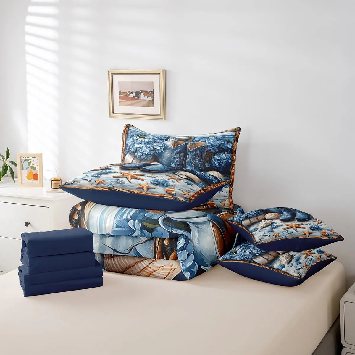 Western Cowboy 7 Pieces Bedding Set Twin,Blue Tribal Boots Flowers Beach Starfish Shell Conch Bed in a Bag for Kids,Rustic Farmhouse Wooden Plank Comforter Set with Sheets,Pillow Covers