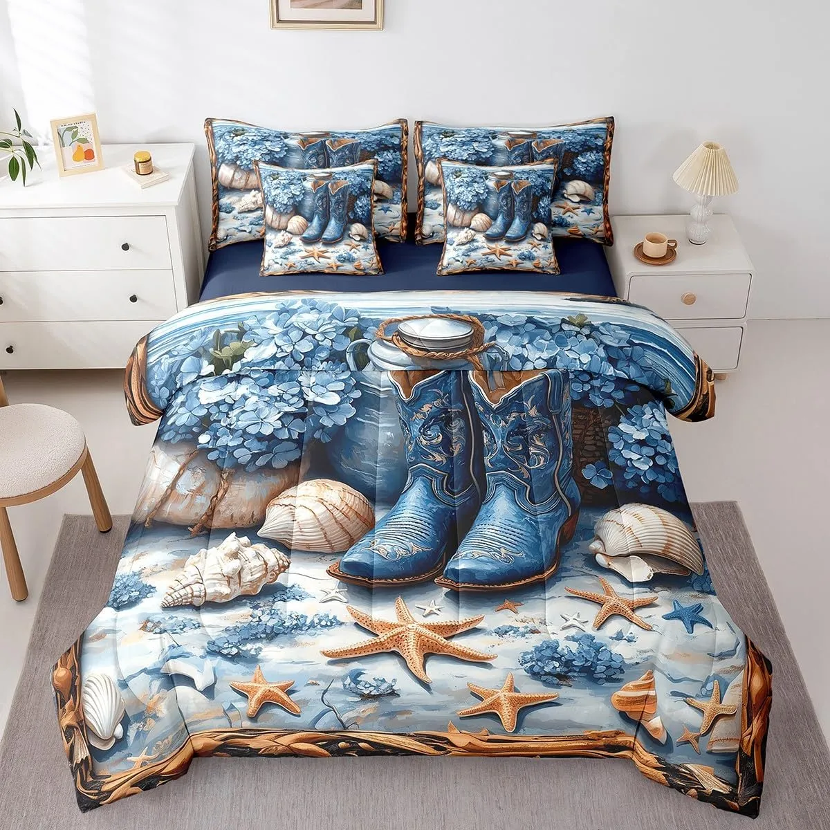 Western Cowboy 7 Pieces Bedding Set Twin,Blue Tribal Boots Flowers Beach Starfish Shell Conch Bed in a Bag for Kids,Rustic Farmhouse Wooden Plank Comforter Set with Sheets,Pillow Covers