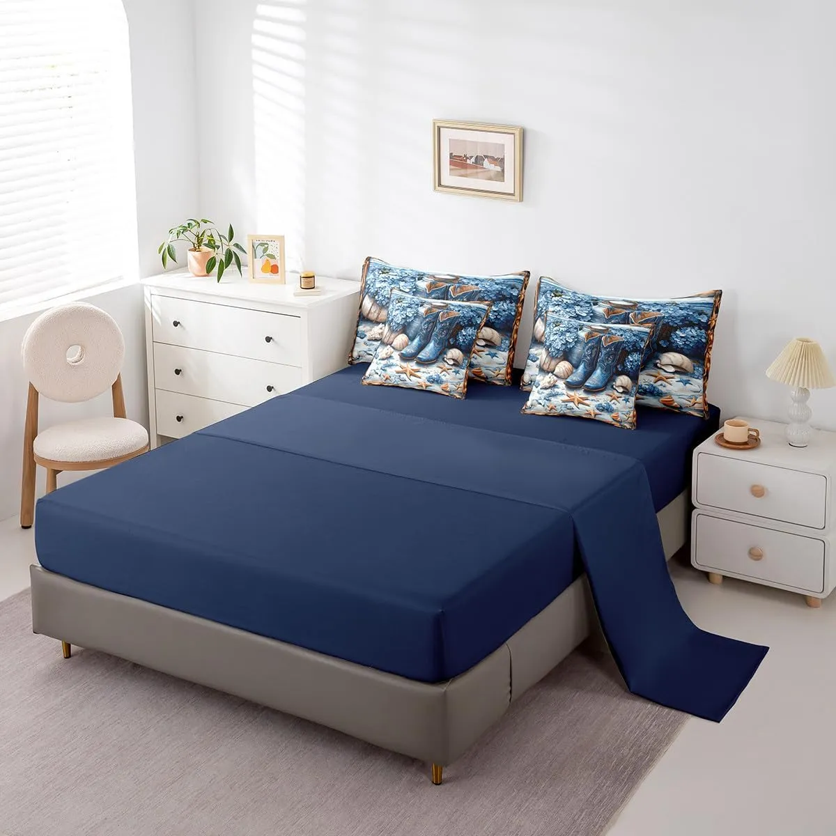 Western Cowboy 7 Pieces Bedding Set Twin,Blue Tribal Boots Flowers Beach Starfish Shell Conch Bed in a Bag for Kids,Rustic Farmhouse Wooden Plank Comforter Set with Sheets,Pillow Covers