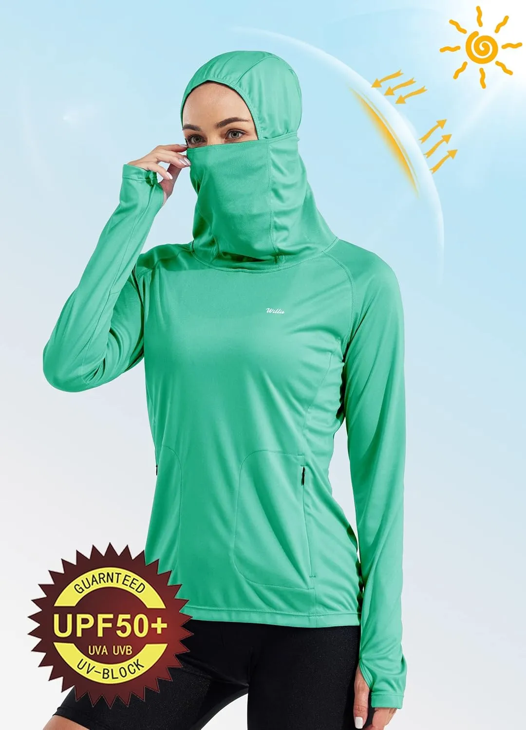 Willit Women's Sun Protection Hoodie UPF 50  Fishing Hiking Shirt Long Sleeve SPF Shirt with Face Mask Lightweight