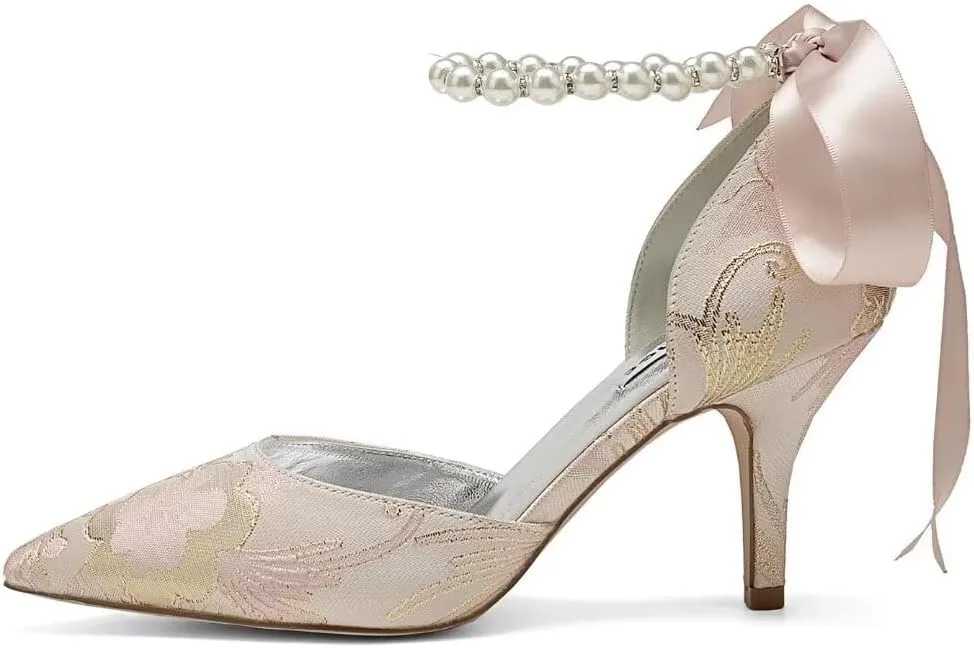 Women Floral Satin Pearl Wedding Shoes for Bride Closed Toe Bridal Heels