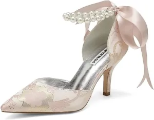 Women Floral Satin Pearl Wedding Shoes for Bride Closed Toe Bridal Heels
