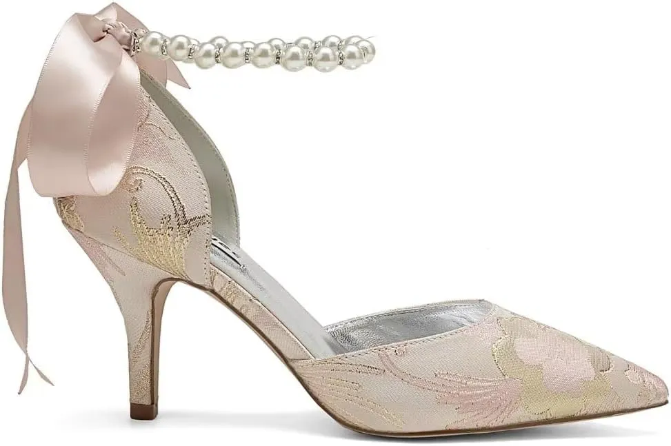 Women Floral Satin Pearl Wedding Shoes for Bride Closed Toe Bridal Heels