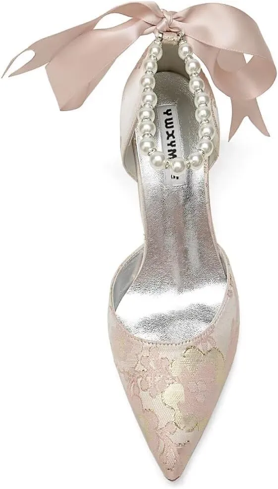 Women Floral Satin Pearl Wedding Shoes for Bride Closed Toe Bridal Heels