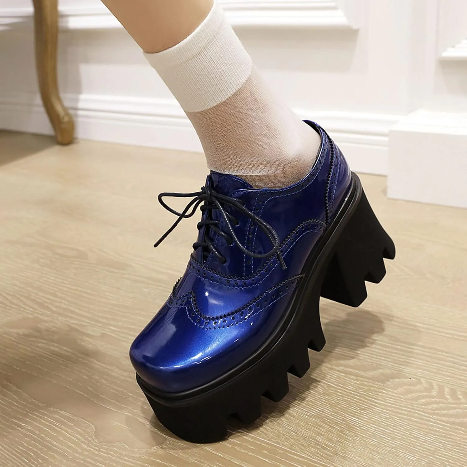Women Goth Platform Booties Chunky High Heel Ankle Boots Square Toe Lace Up Wingtip Oxford Pumps