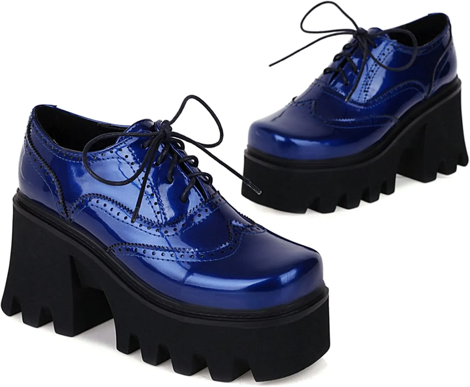 Women Goth Platform Booties Chunky High Heel Ankle Boots Square Toe Lace Up Wingtip Oxford Pumps