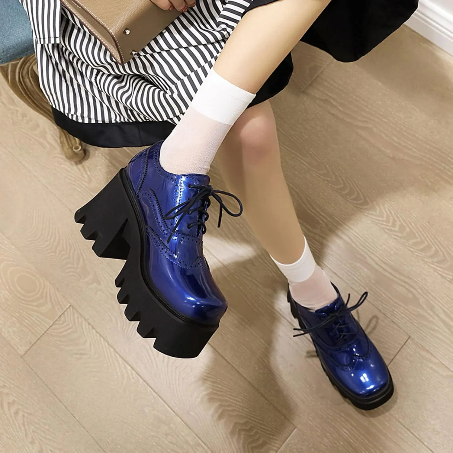 Women Goth Platform Booties Chunky High Heel Ankle Boots Square Toe Lace Up Wingtip Oxford Pumps