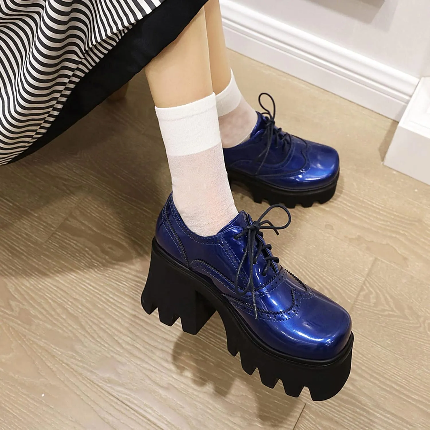 Women Goth Platform Booties Chunky High Heel Ankle Boots Square Toe Lace Up Wingtip Oxford Pumps