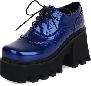 Women Goth Platform Booties Chunky High Heel Ankle Boots Square Toe Lace Up Wingtip Oxford Pumps