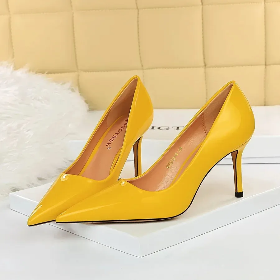 Women High Heels Scar pins Pumps Lady Glossy Leather Fetish Wedding Bridal Mid Low Heels Office Shoes