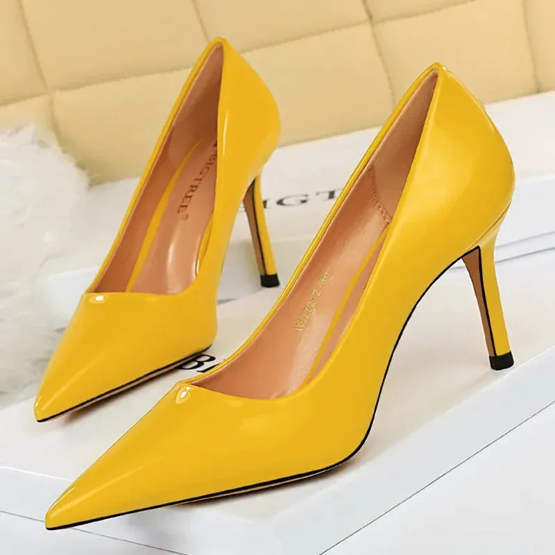 Women High Heels Scar pins Pumps Lady Glossy Leather Fetish Wedding Bridal Mid Low Heels Office Shoes