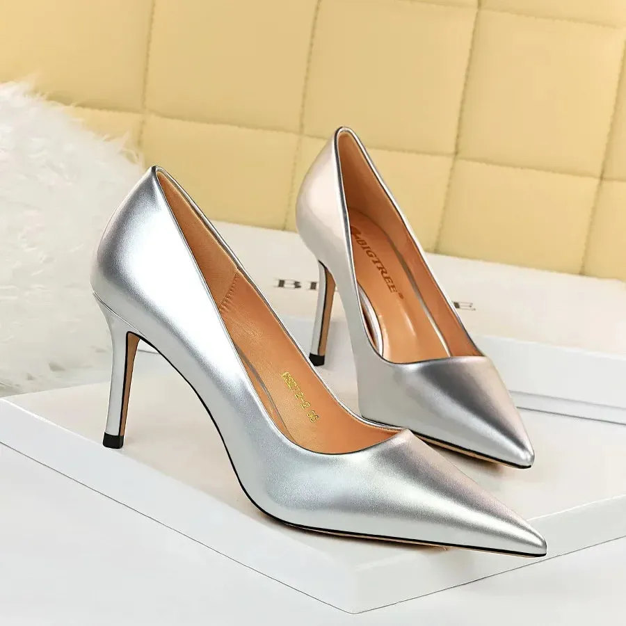 Women High Heels Scar pins Pumps Lady Glossy Leather Fetish Wedding Bridal Mid Low Heels Office Shoes
