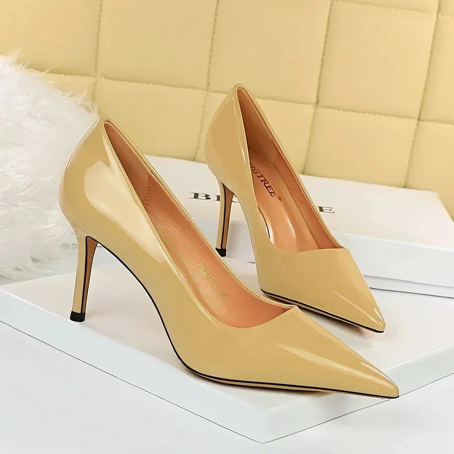 Women High Heels Scar pins Pumps Lady Glossy Leather Fetish Wedding Bridal Mid Low Heels Office Shoes