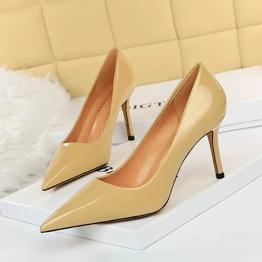 Women High Heels Scar pins Pumps Lady Glossy Leather Fetish Wedding Bridal Mid Low Heels Office Shoes