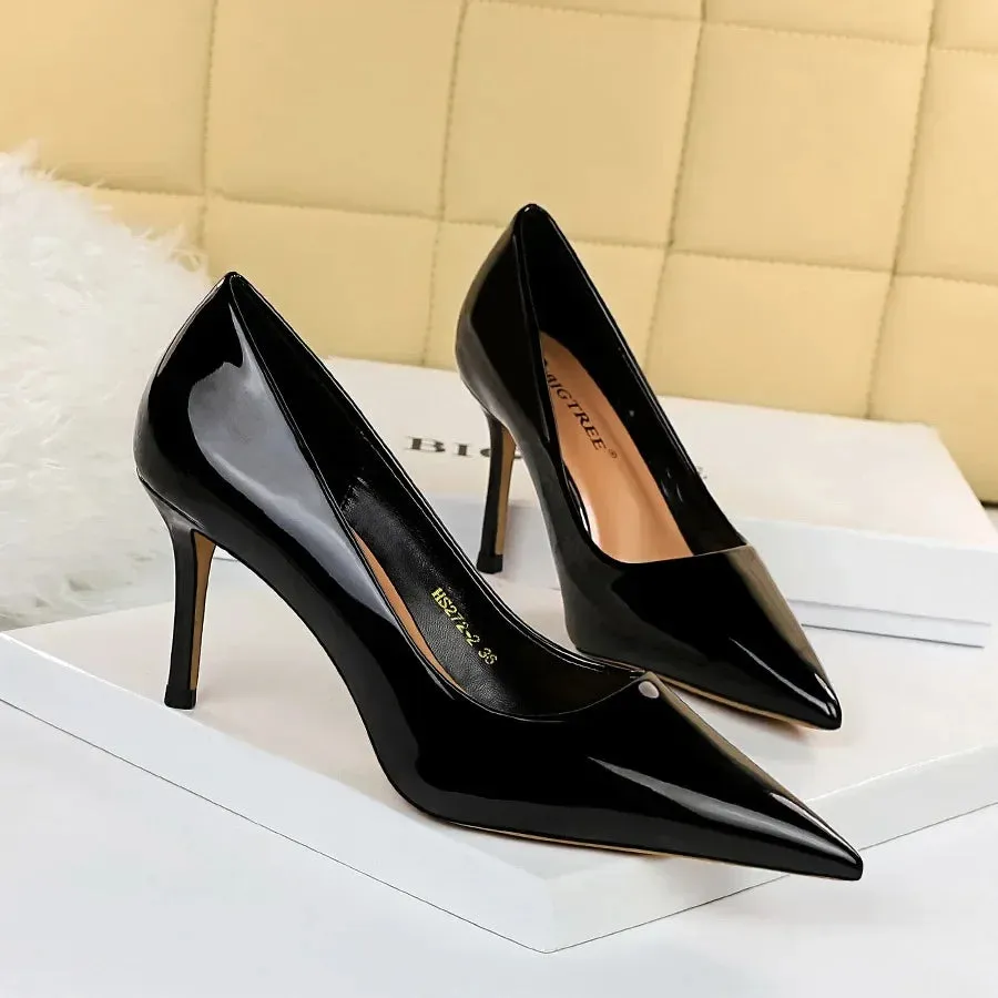 Women High Heels Scar pins Pumps Lady Glossy Leather Fetish Wedding Bridal Mid Low Heels Office Shoes