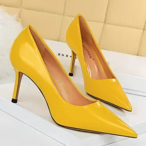Women High Heels Scar pins Pumps Lady Glossy Leather Fetish Wedding Bridal Mid Low Heels Office Shoes