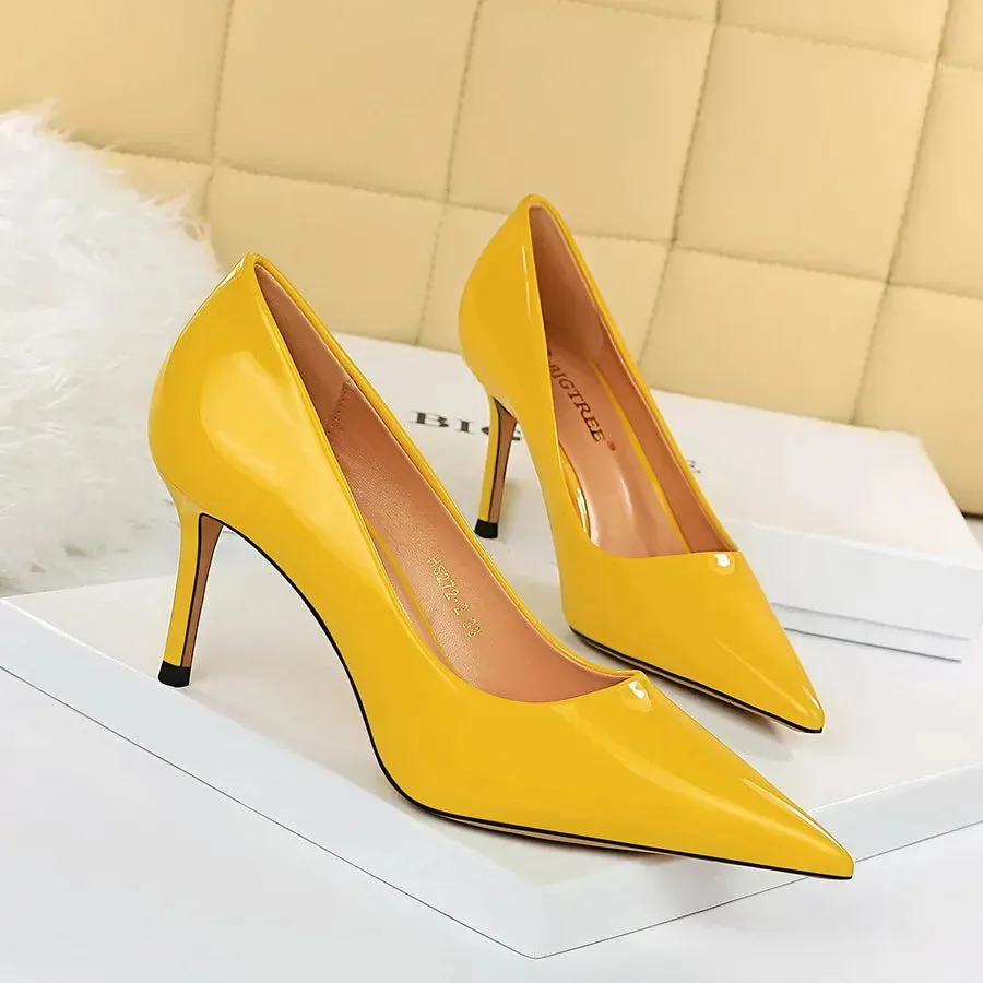Women High Heels Scar pins Pumps Lady Glossy Leather Fetish Wedding Bridal Mid Low Heels Office Shoes