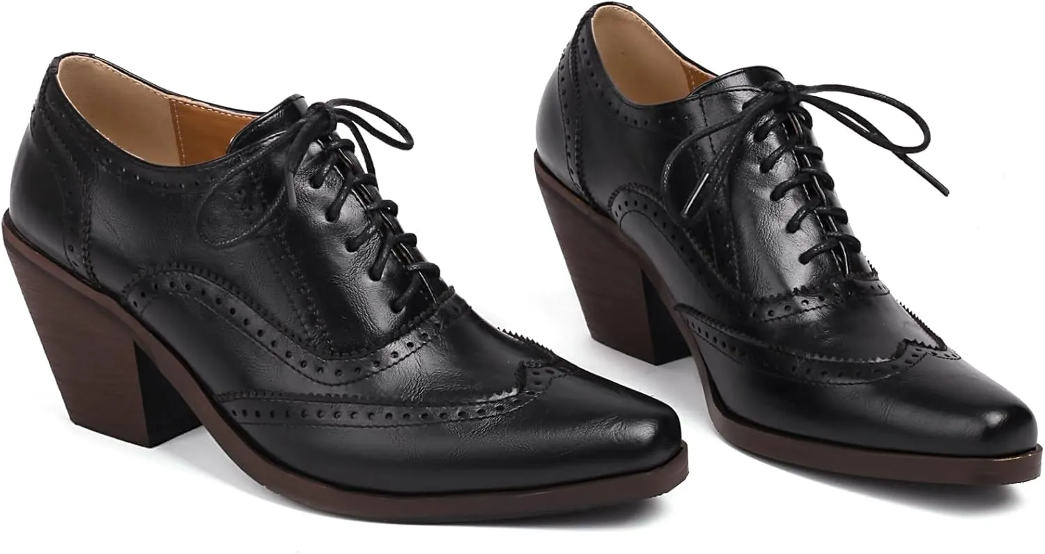 Women Square Toe Oxford Shoes Vintage Wingtip Block Heel Pumps Lace Up Brogue Dress Shoes