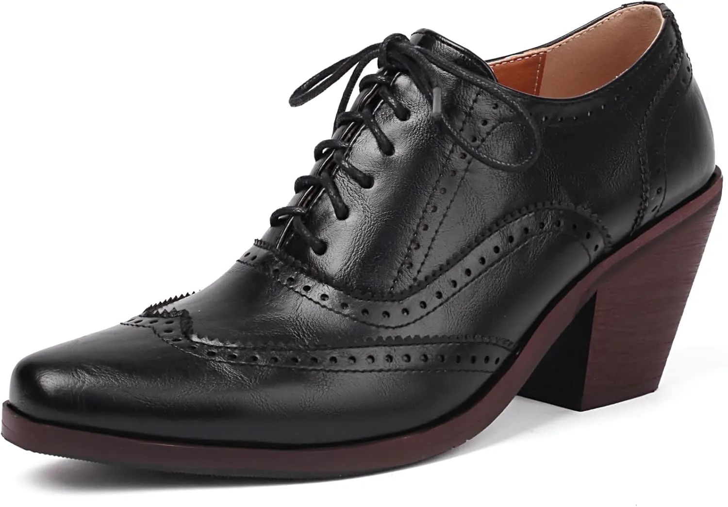 Women Square Toe Oxford Shoes Vintage Wingtip Block Heel Pumps Lace Up Brogue Dress Shoes
