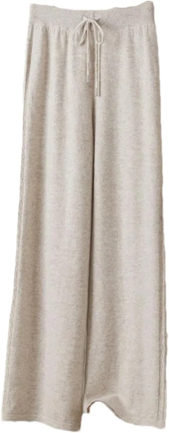 Women Wide Leg Wool Knitted Soft Pants Classic Lace Up Drawstring Warm Trousers