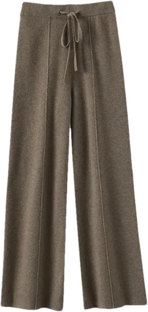 Women Wool Knitted Broadfoot Pants Vintage High-Waisted Topstitching Lace Up Trousers