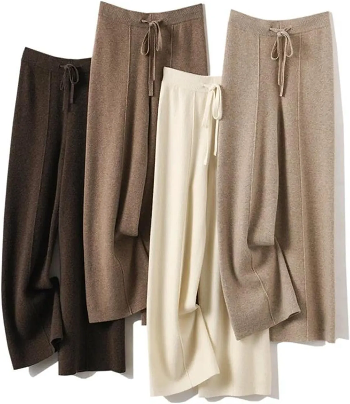 Women Wool Knitted Broadfoot Pants Vintage High-Waisted Topstitching Lace Up Trousers