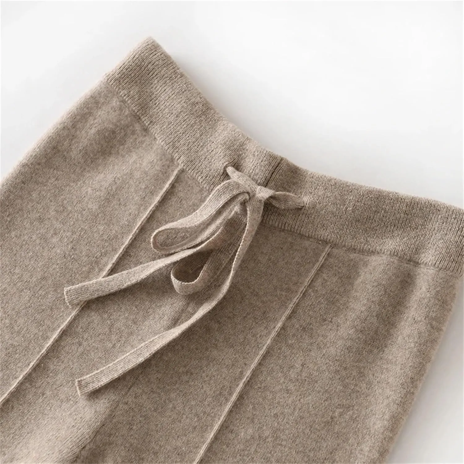 Women Wool Knitted Broadfoot Pants Vintage High-Waisted Topstitching Lace Up Trousers