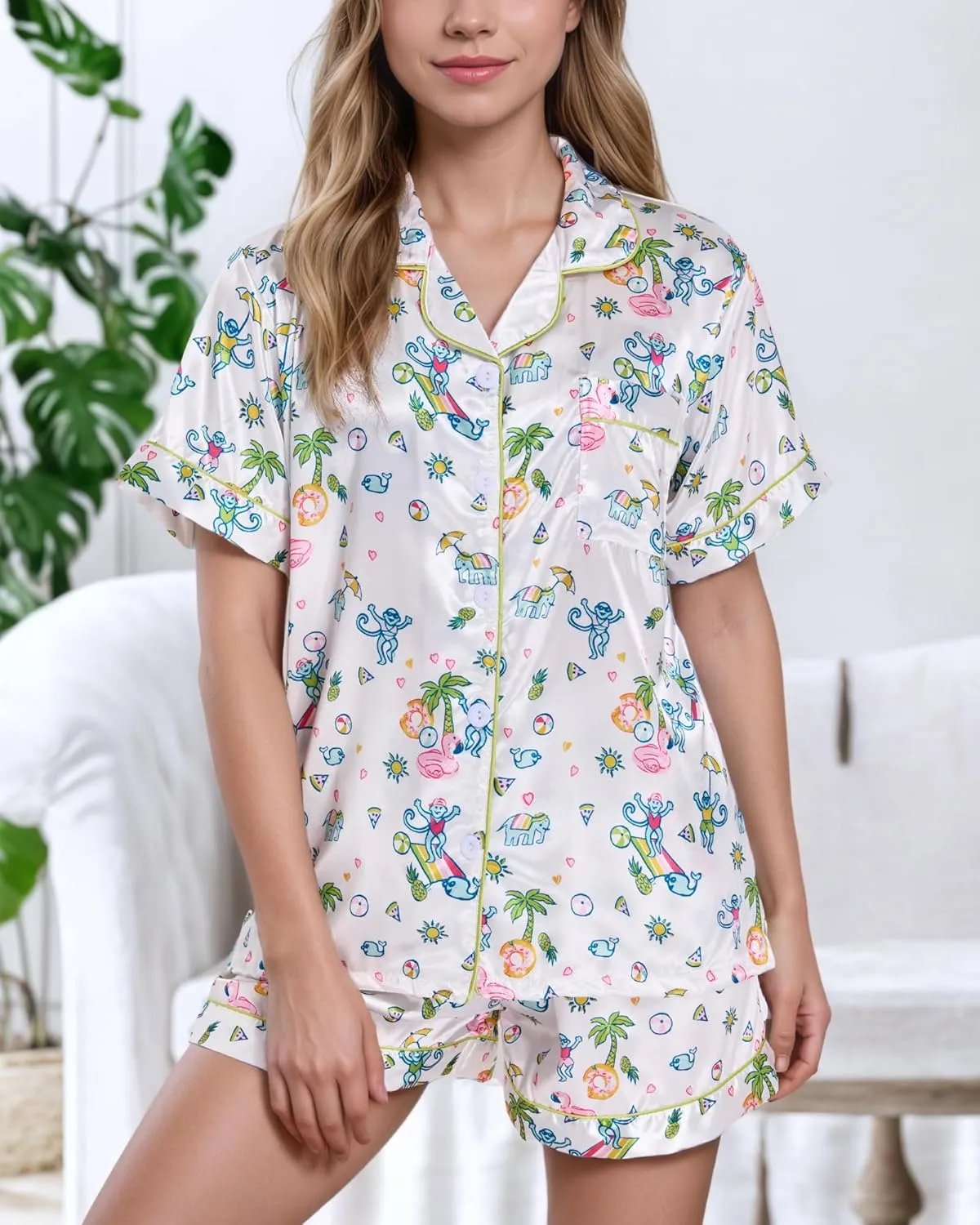 Women Y2k Pajamas Set Silk Satin Short Sleeve Button Down Top and Shorts Monkey Sleepwear Preppy Bridal Loungewear