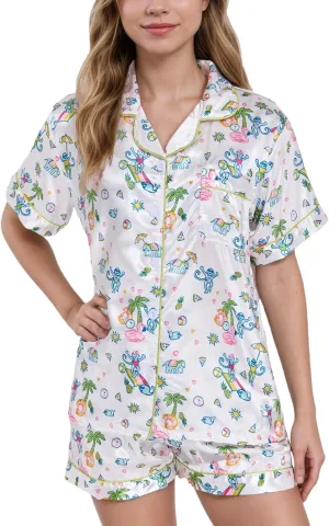 Women Y2k Pajamas Set Silk Satin Short Sleeve Button Down Top and Shorts Monkey Sleepwear Preppy Bridal Loungewear