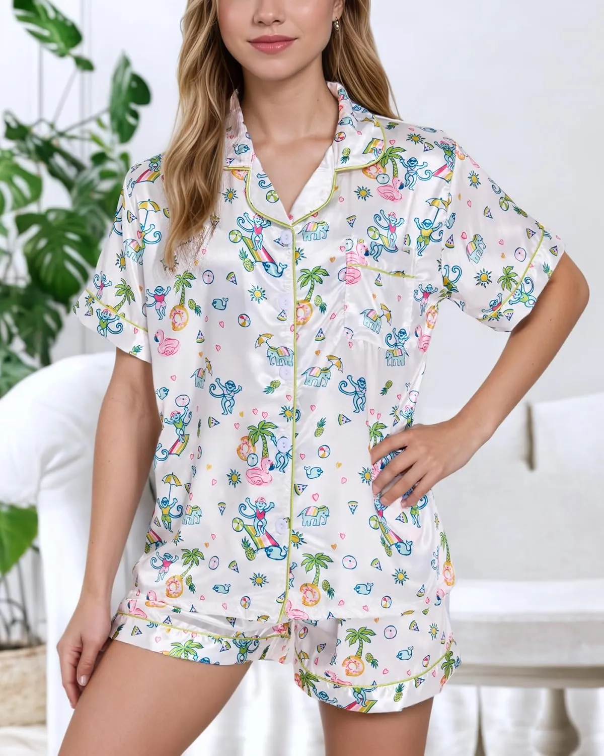 Women Y2k Pajamas Set Silk Satin Short Sleeve Button Down Top and Shorts Monkey Sleepwear Preppy Bridal Loungewear