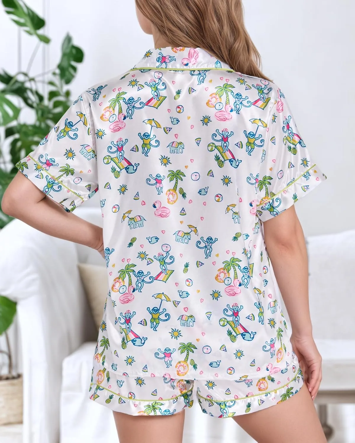 Women Y2k Pajamas Set Silk Satin Short Sleeve Button Down Top and Shorts Monkey Sleepwear Preppy Bridal Loungewear