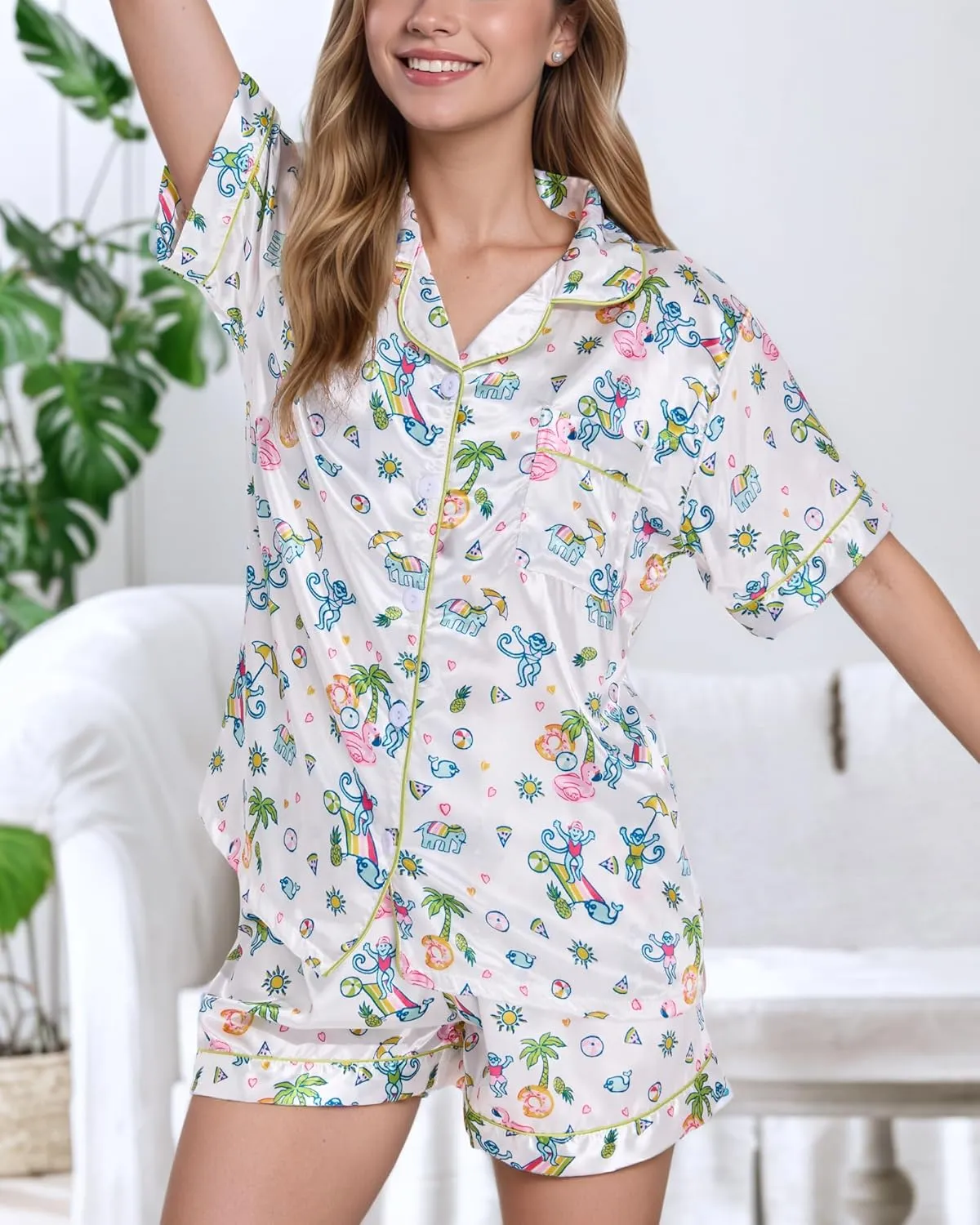 Women Y2k Pajamas Set Silk Satin Short Sleeve Button Down Top and Shorts Monkey Sleepwear Preppy Bridal Loungewear
